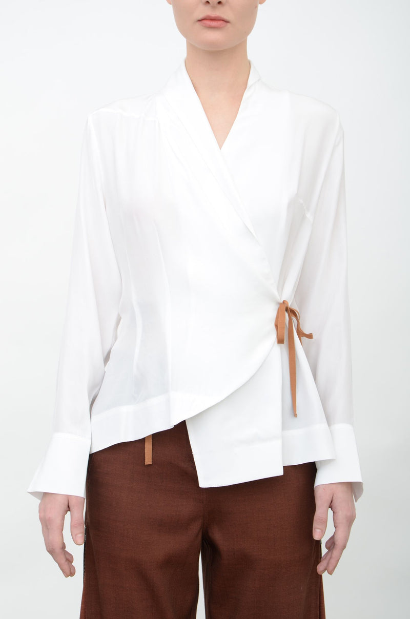 Silk Wrap Shirt with Grosgrain Tape - VISAYA FA24 Shirt GENERAL ORIENT White p 