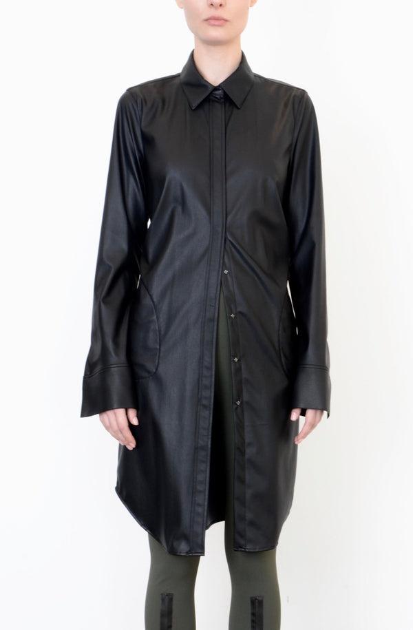 Vegan Leather Shirt Midi Dress - VALMA Dress STYLEM Black P 