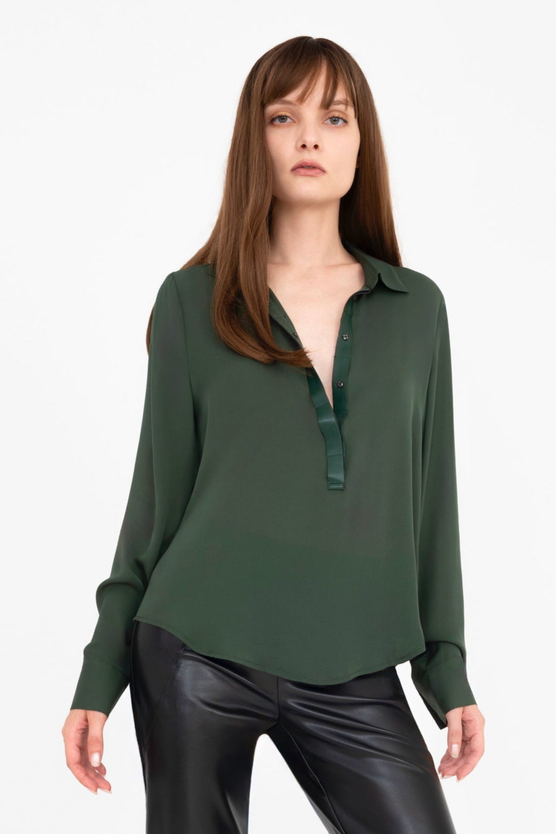 Silk Georgette Pullover Shirt with Vegan Leather Trim - CLARICE Top General Orient