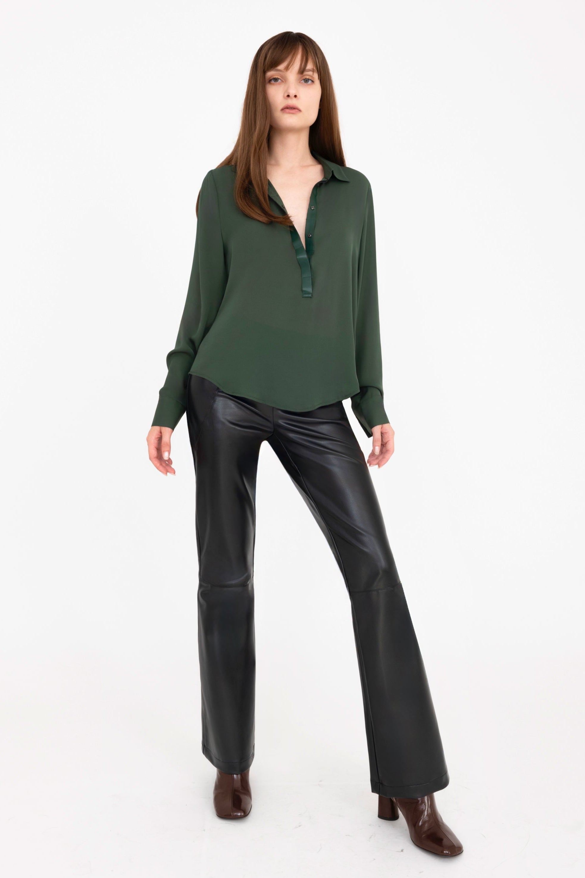 Silk Georgette Pullover Shirt with Vegan Leather Trim - CLARICE Top General Orient