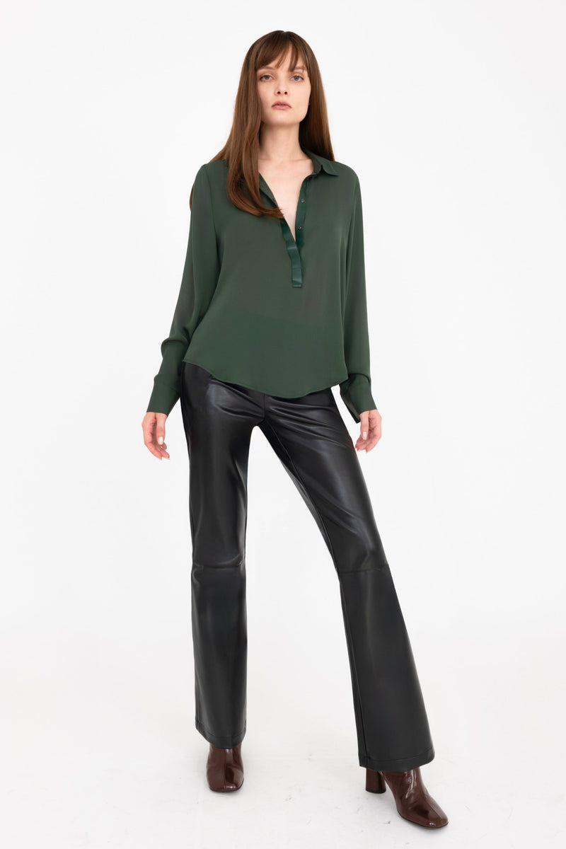 Silk Georgette Pullover Shirt with Leather Trim - CLARICE Top General Orient