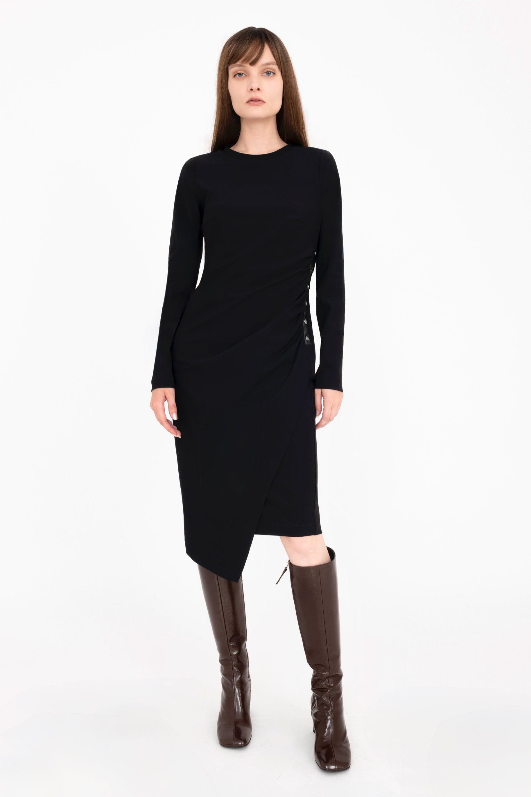 Soft Tech Long T-shirt Ruched Dress with Studs - CHERIN Dress General Orient Black P