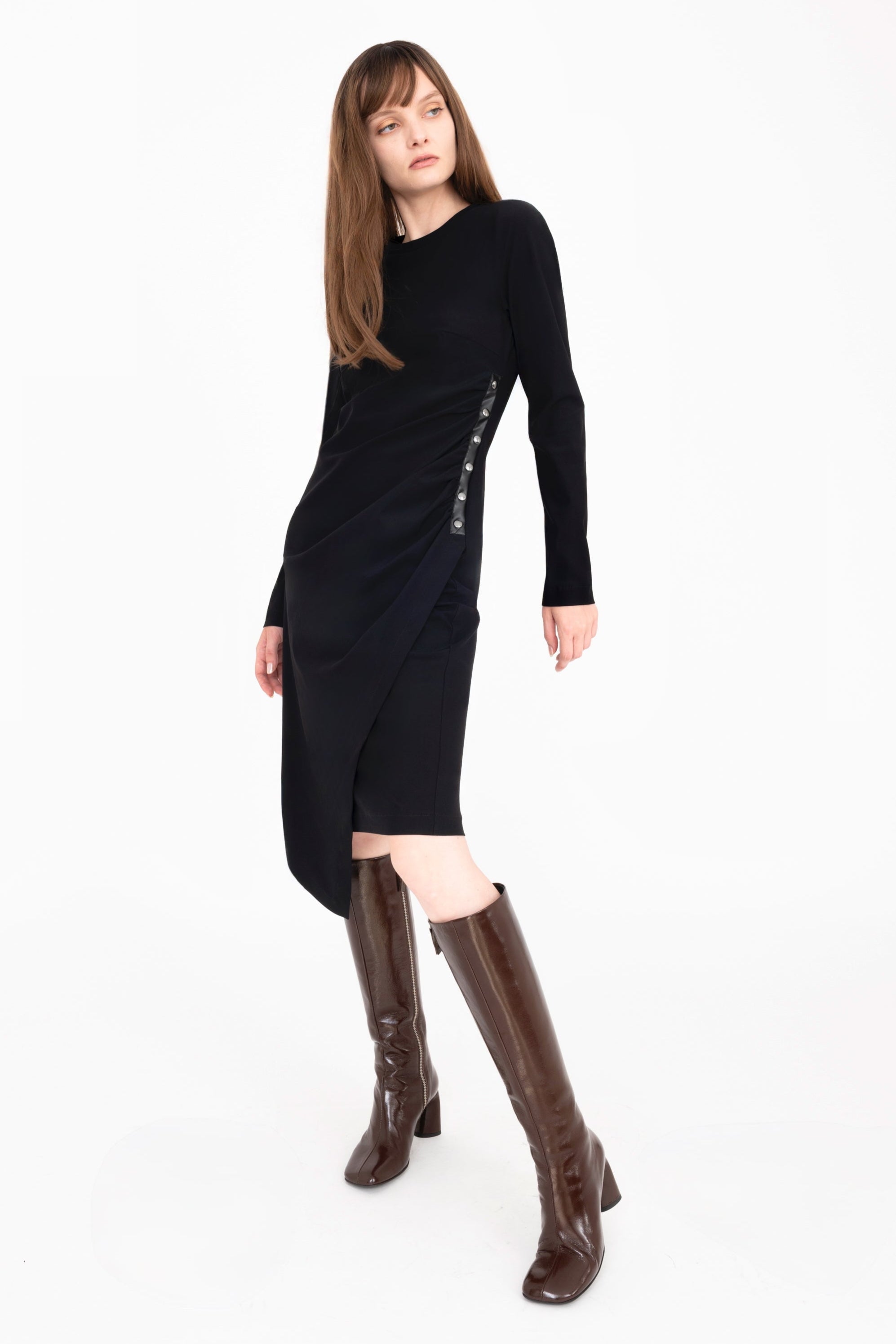Soft Tech Long T-shirt Ruched Dress with Studs - CHERIN Dress General Orient