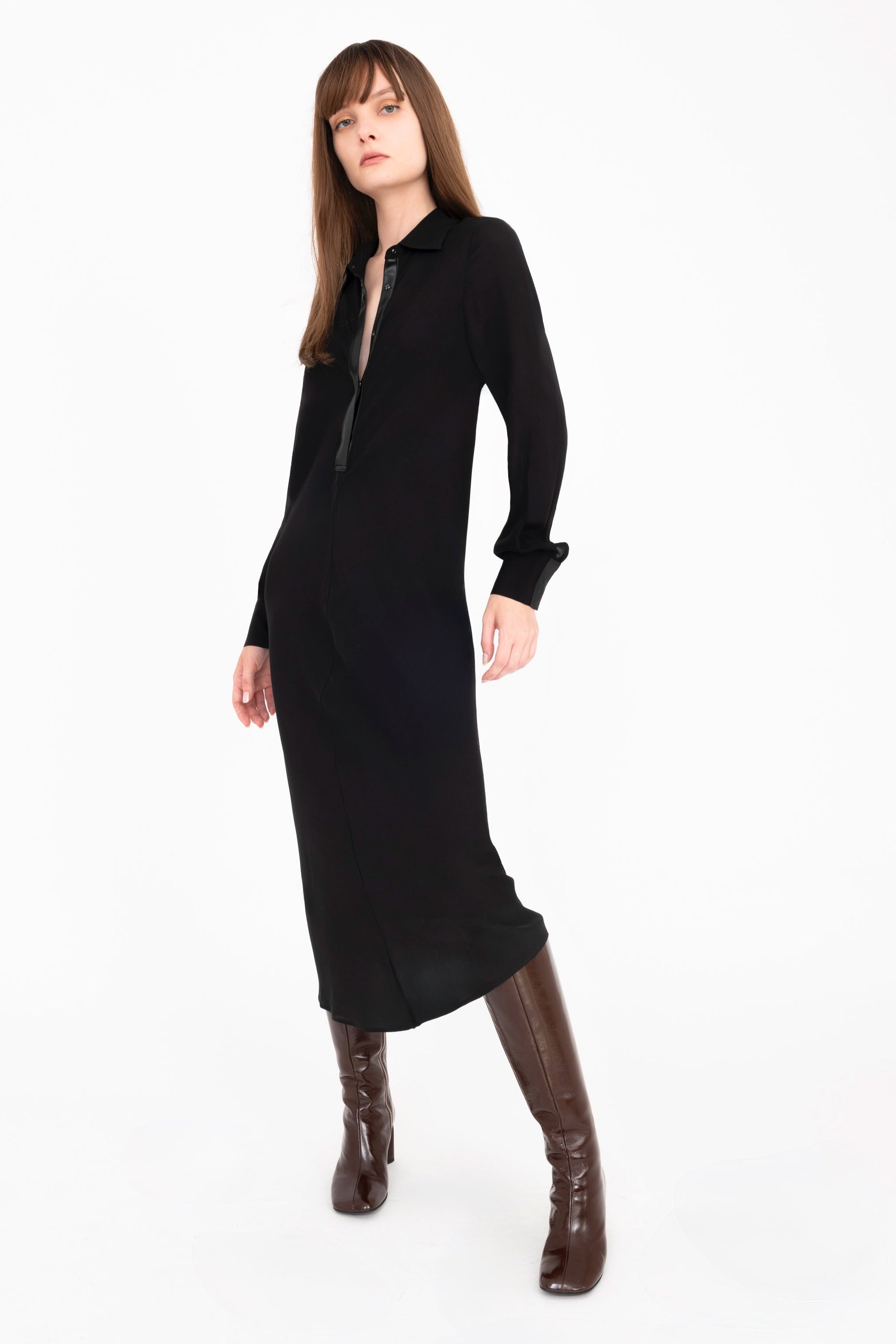 Silk Georgette Bias Shirt Dress with Vegan Leather Trim - CHANTAL Dress General Orient
