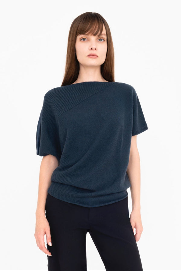 Cashmere Blend Asymmetrical Shell Top with Leather Trim - CARRARA Sweater YUE FENG