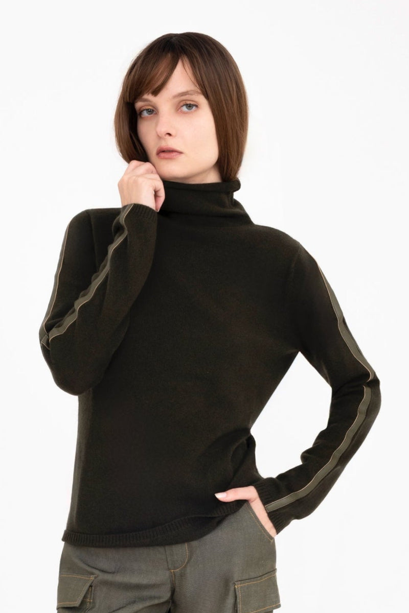 Cashmere Blend Funnel Neck Top with Vegan Leather Trim - CAMERON Sweater YUE FENG