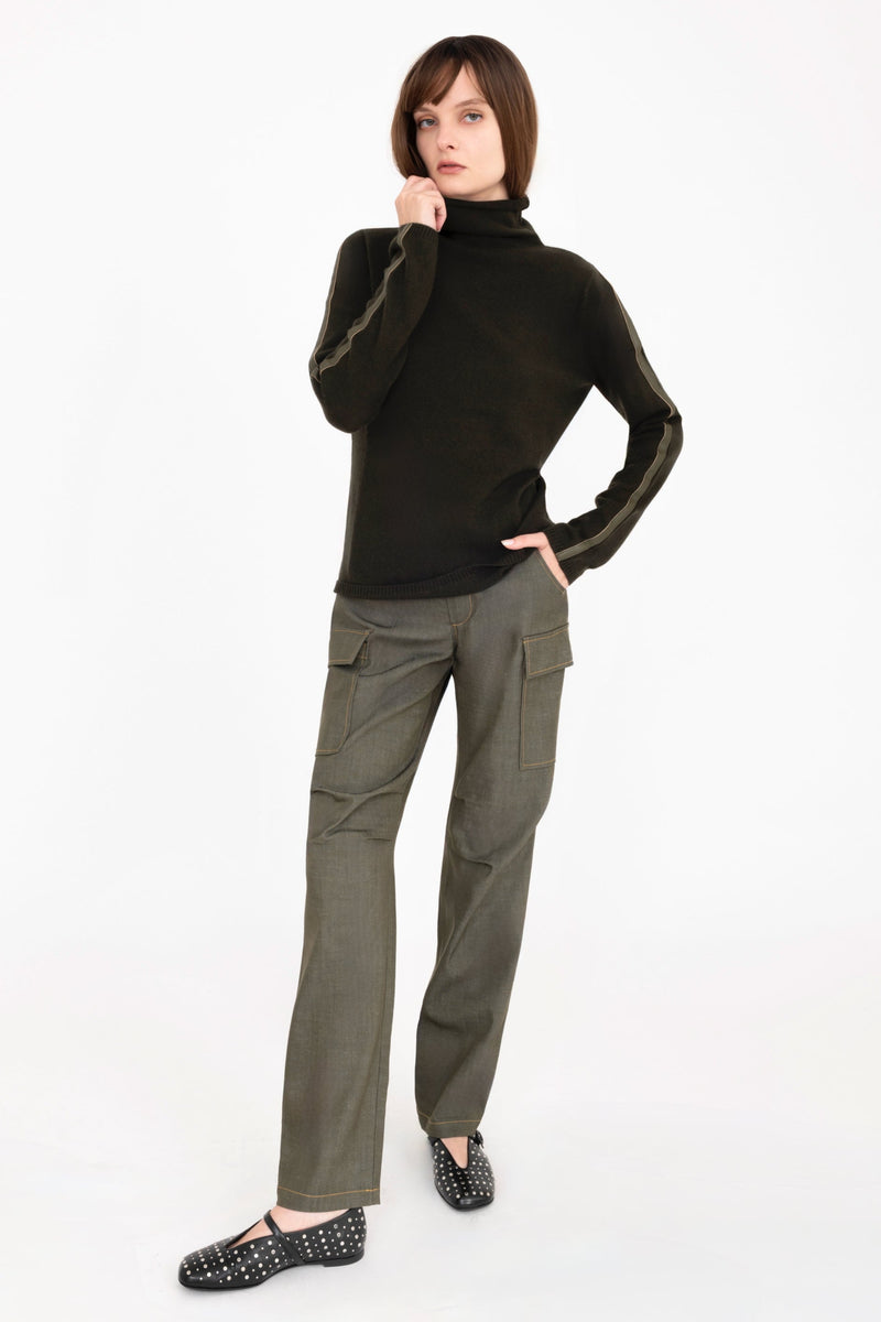 Cashmere Blend Funnel Neck Top with Leather Trim - CAMERON Sweater YUE FENG