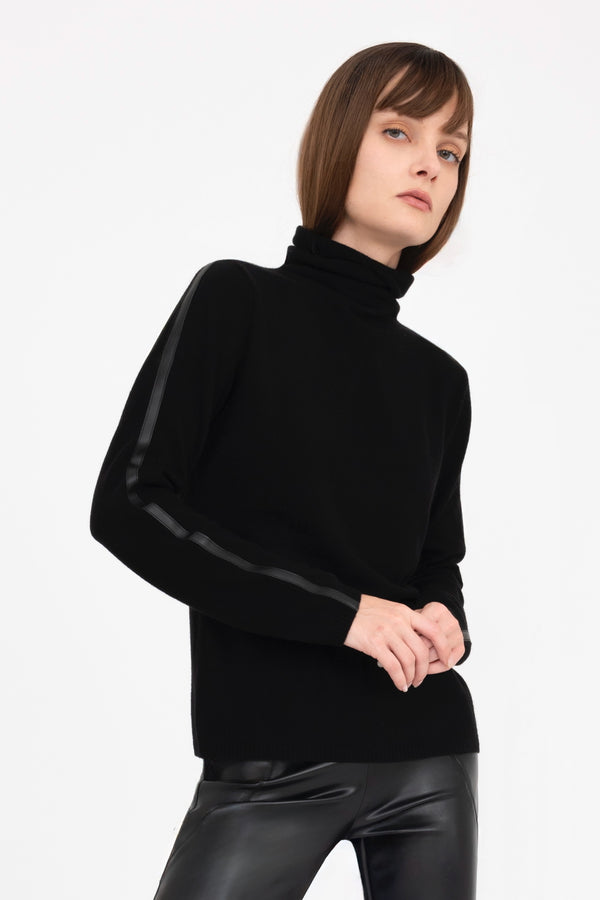 Cashmere Blend Funnel Neck Top with Leather Trim - CAMERON Sweater YUE FENG