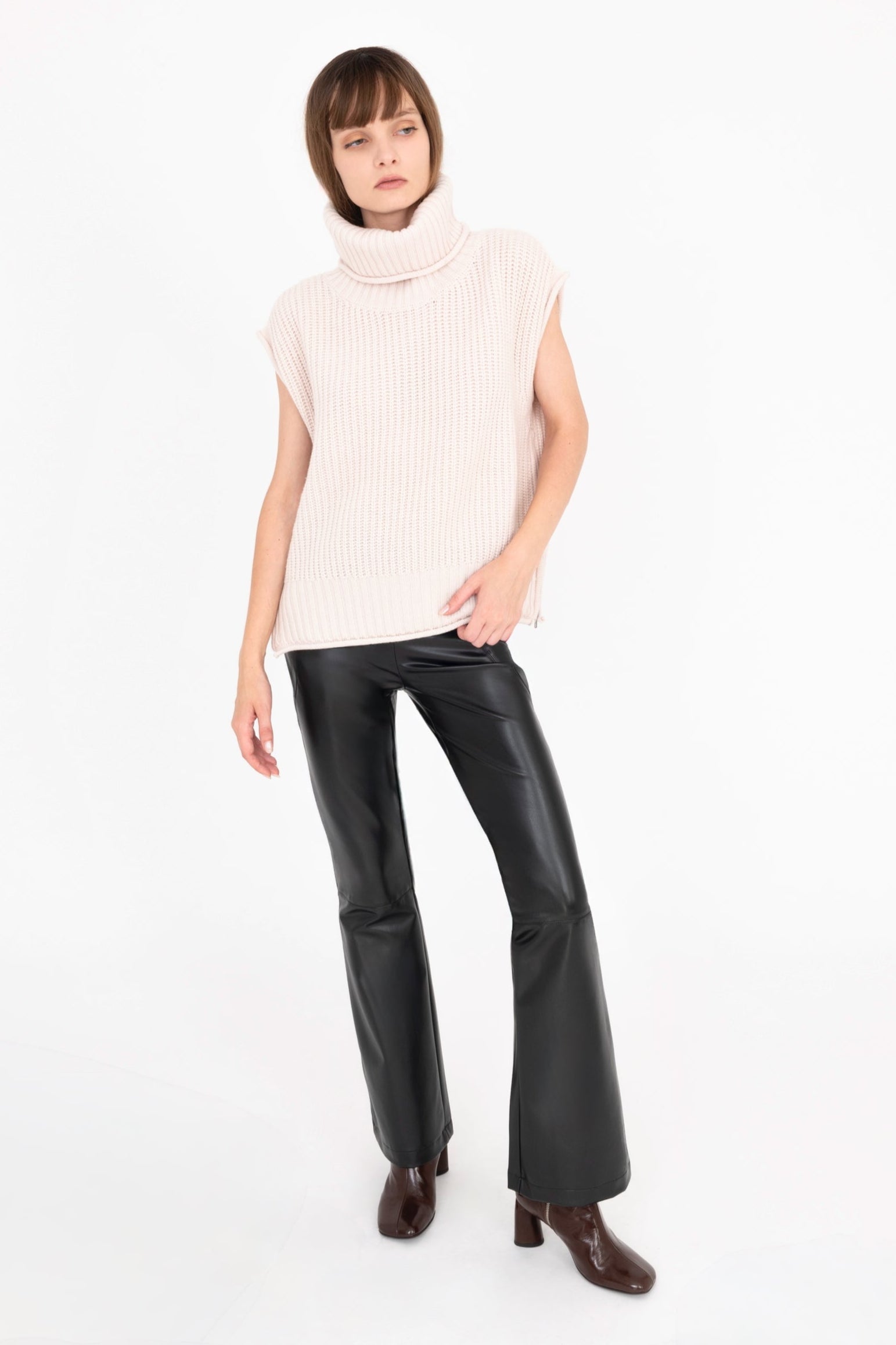 Cashmere Blend Turtle Neck Vest with Side Zip - CARMEL Sweater YUE FENG