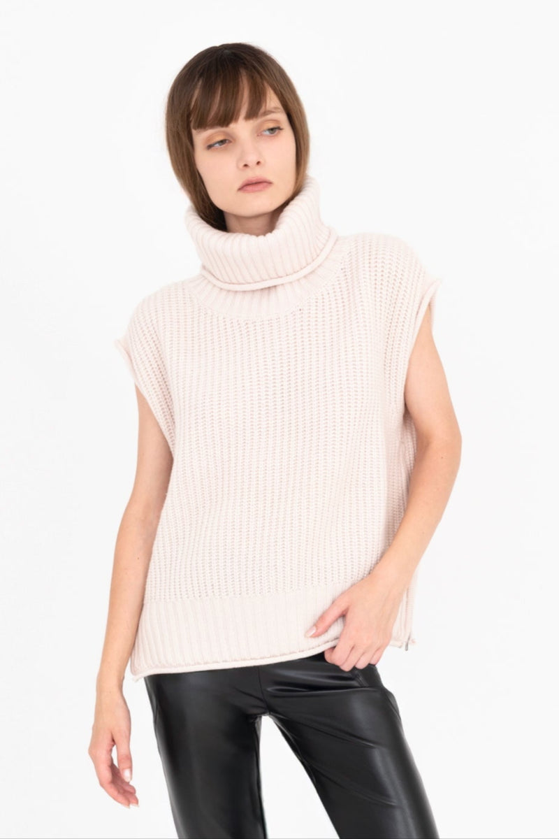 Cashmere Blend Turtle Neck Vest with Side Zip - CARMEL Sweater YUE FENG
