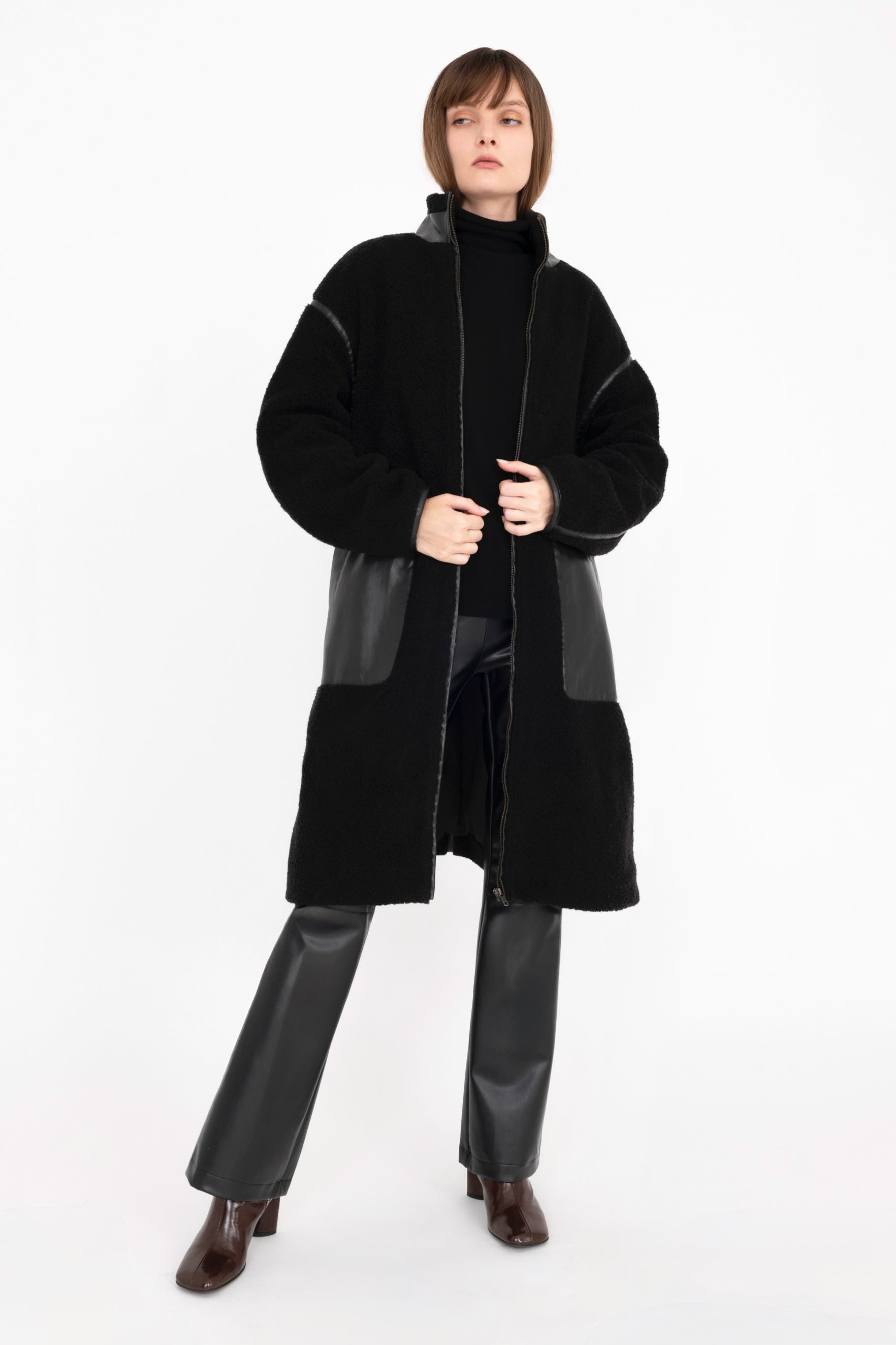 Vegan Shearling Coat with Vegan Leather Trim - TORRA Coat STYLEM Black P