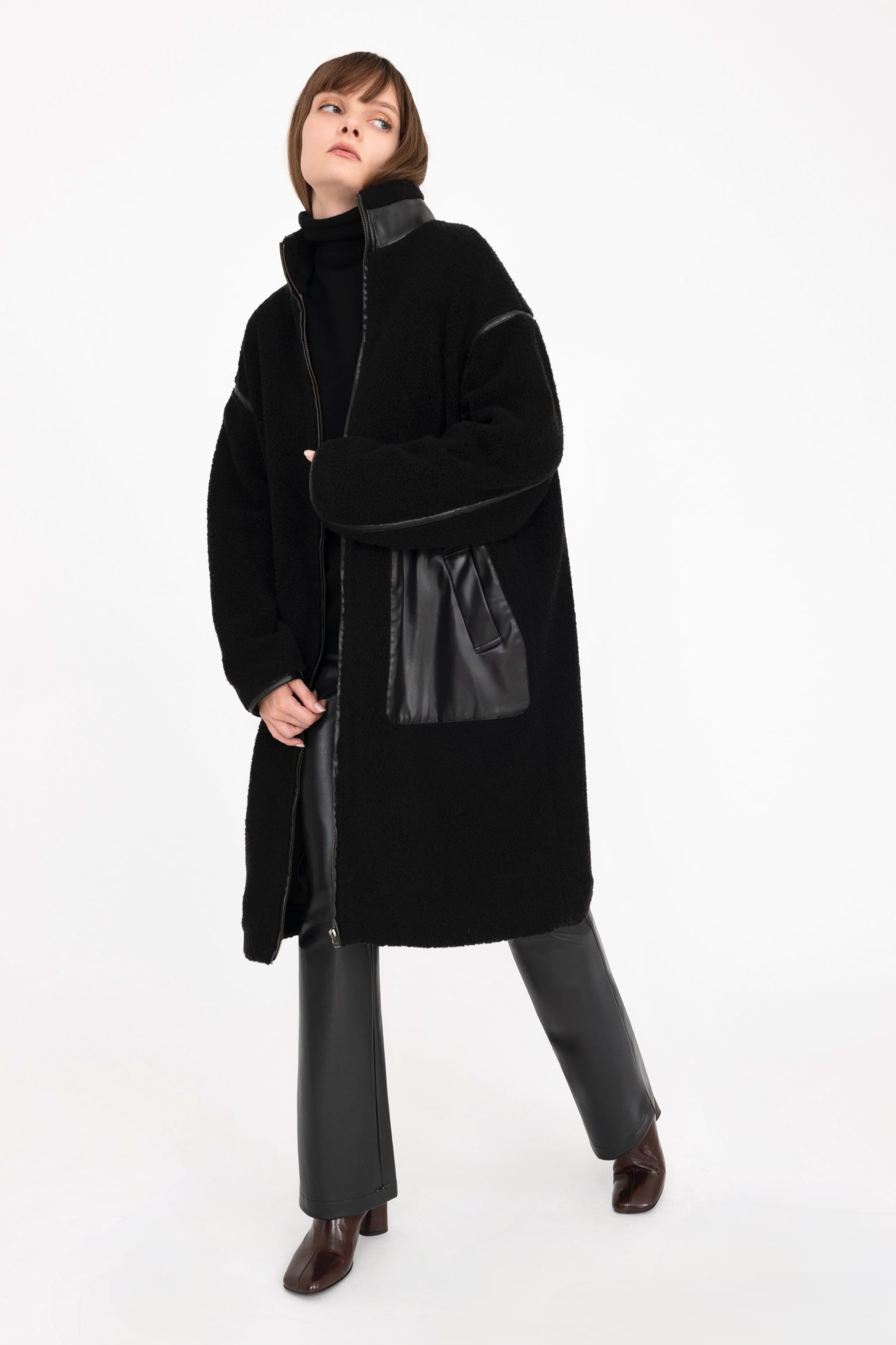 Vegan Shearling Coat with Vegan Leather Trim - TORRA Coat STYLEM