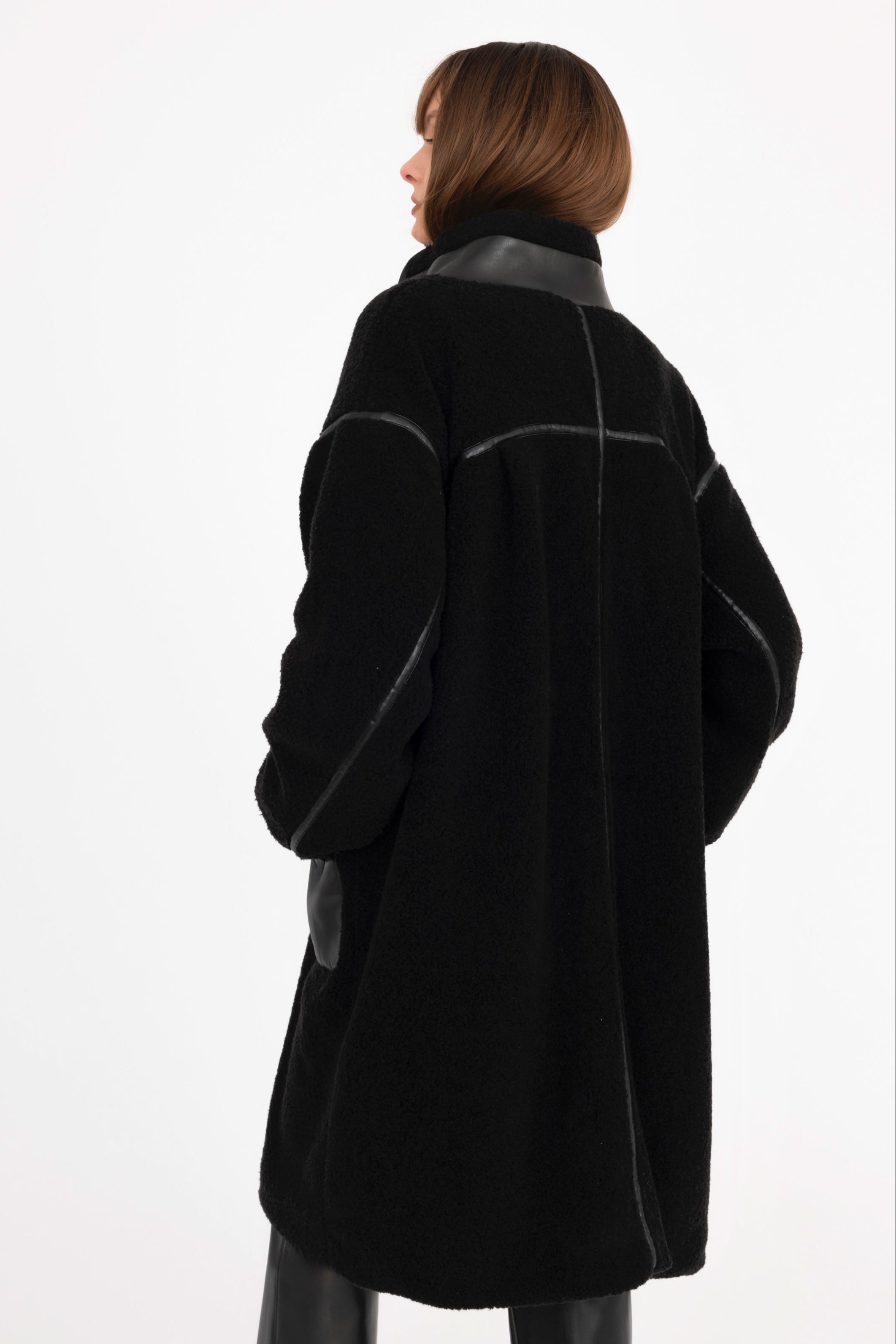 Vegan Shearling Coat with Vegan Leather Trim - TORRA Coat STYLEM