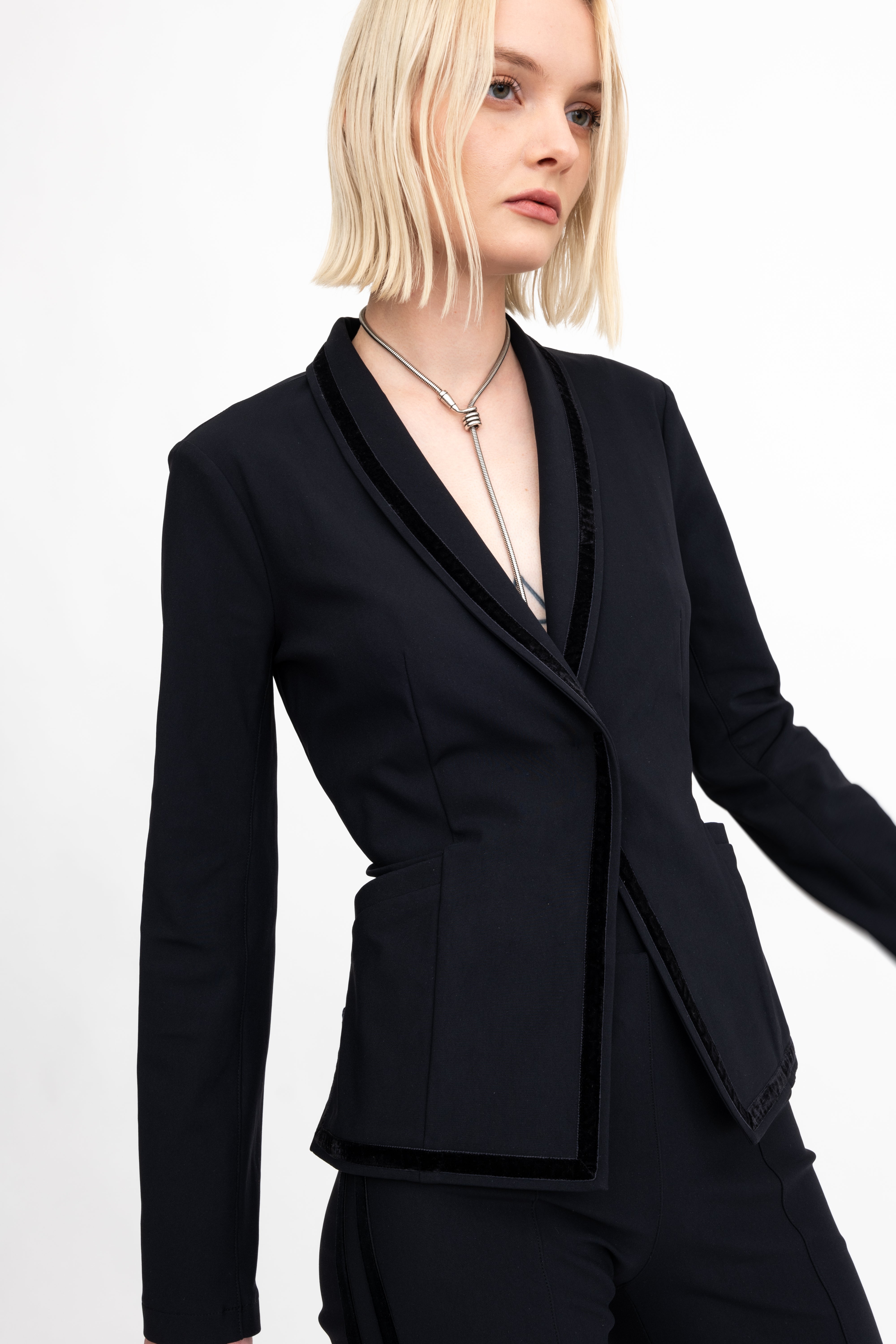Tech Stretch Shawl Collar Short Blazer with Velvet Stripe - ARLETTE Jacket GENERAL ORIENT