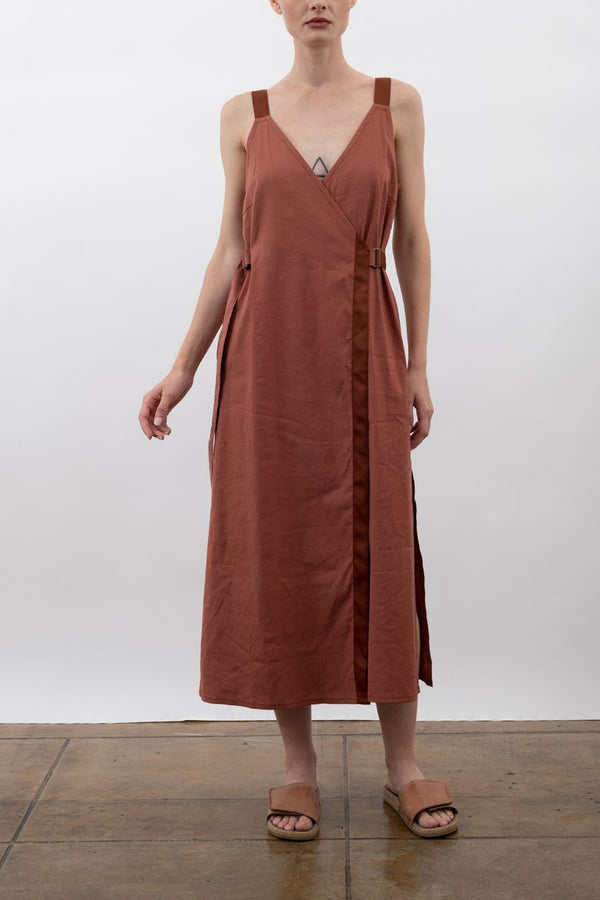 Stretch Linen Faux Wrap Dress - WALTRINA Dress STYLEM Terracotta P 