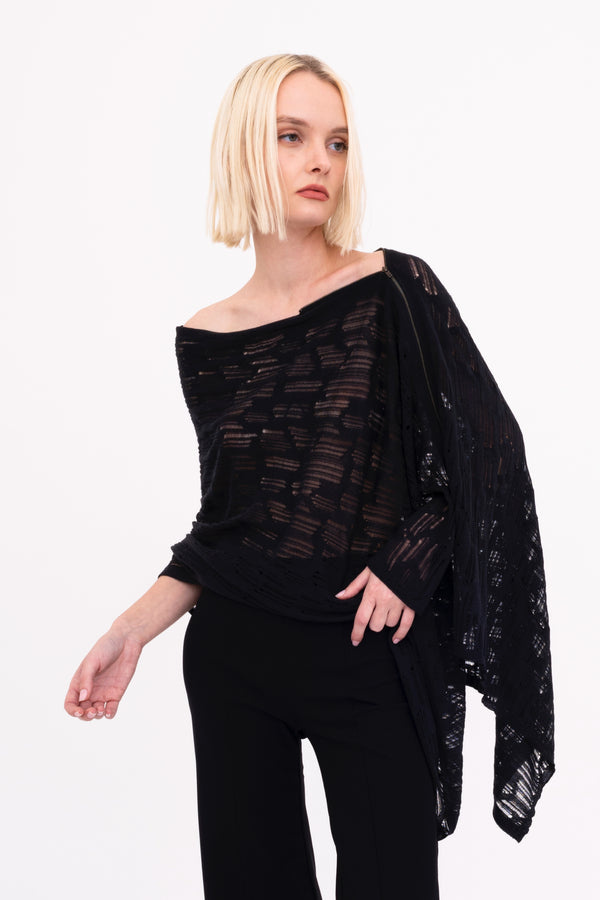 Organic Cotton Hemp Distressed Zip Poncho - BOMBAY Sweater YUE FENG