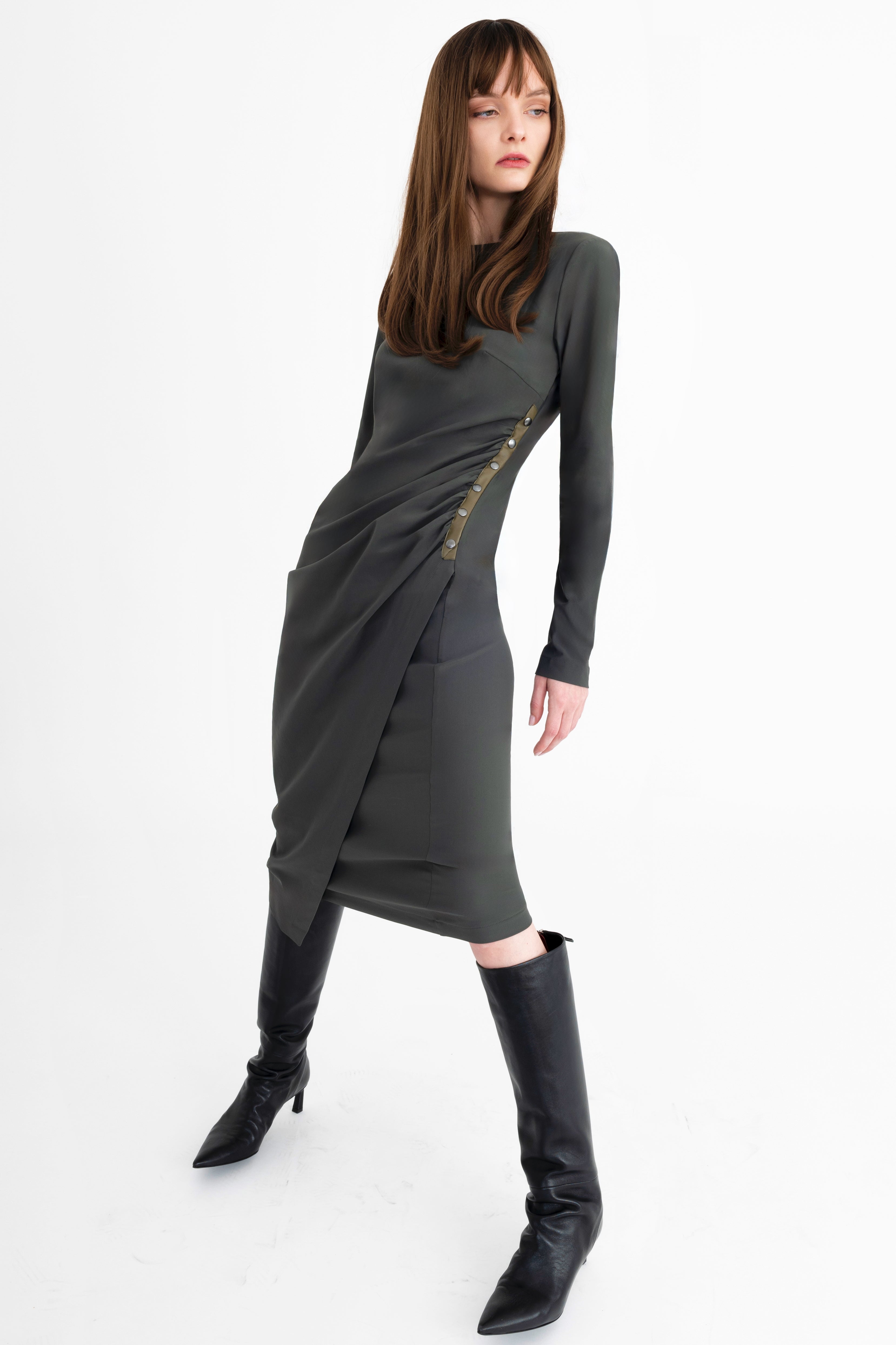 Soft Tech Long T-shirt Ruched Dress with Studs - CHERIN Dress General Orient