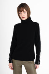 Cashmere Blend Funnel Neck Top with Leather Trim - CAMERON Sweater YUE FENG