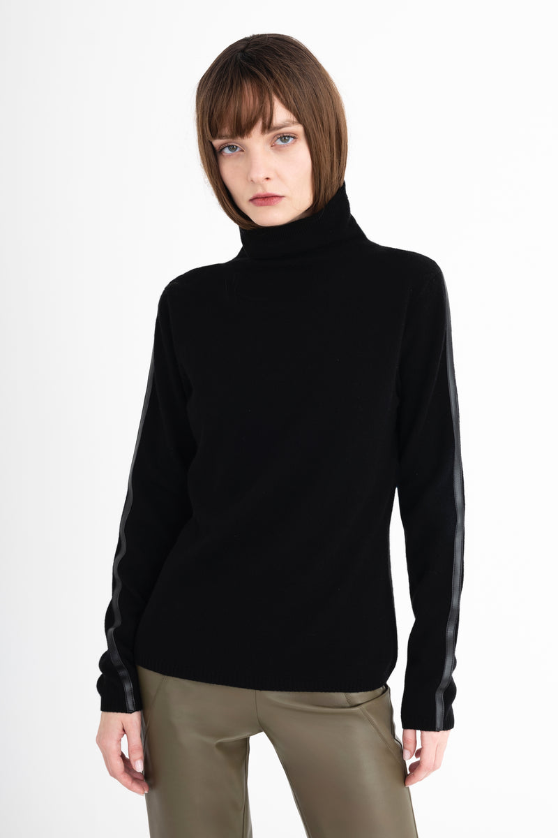 Cashmere Blend Funnel Neck Top with Leather Trim - CAMERON Sweater YUE FENG