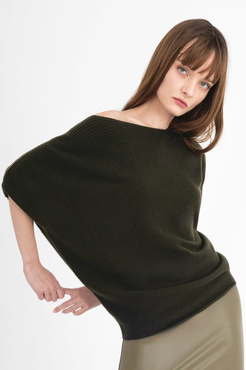 Cashmere Blend Asymmetrical Shell Top with Leather Trim - CARRARA Sweater YUE FENG
