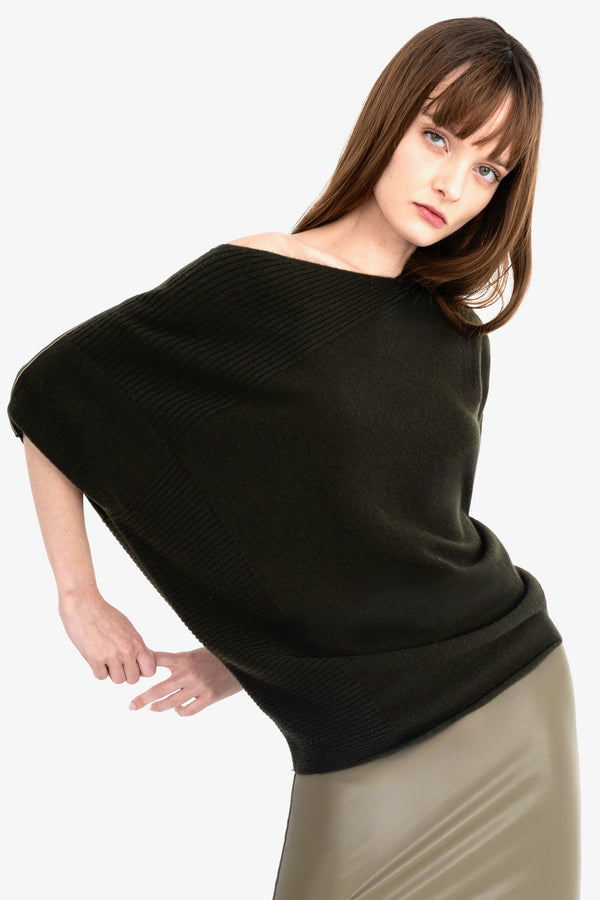 Cashmere Blend Asymmetrical Shell Top with Leather Trim - CARRARA Sweater YUE FENG