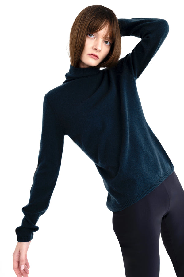 Cashmere Blend Funnel Neck Top with Vegan Leather Trim - CAMERON Sweater YUE FENG