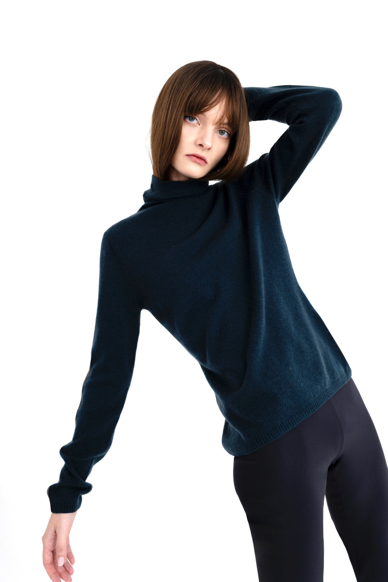 Cashmere Blend Funnel Neck Top with Leather Trim - CAMERON Sweater YUE FENG