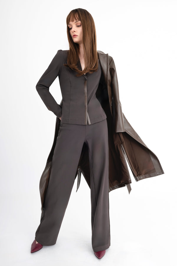 Tech Stretch Puff Sleeve Blazer with Vegan Leather Trim - CARLYLE Jacket GENERAL ORIENT