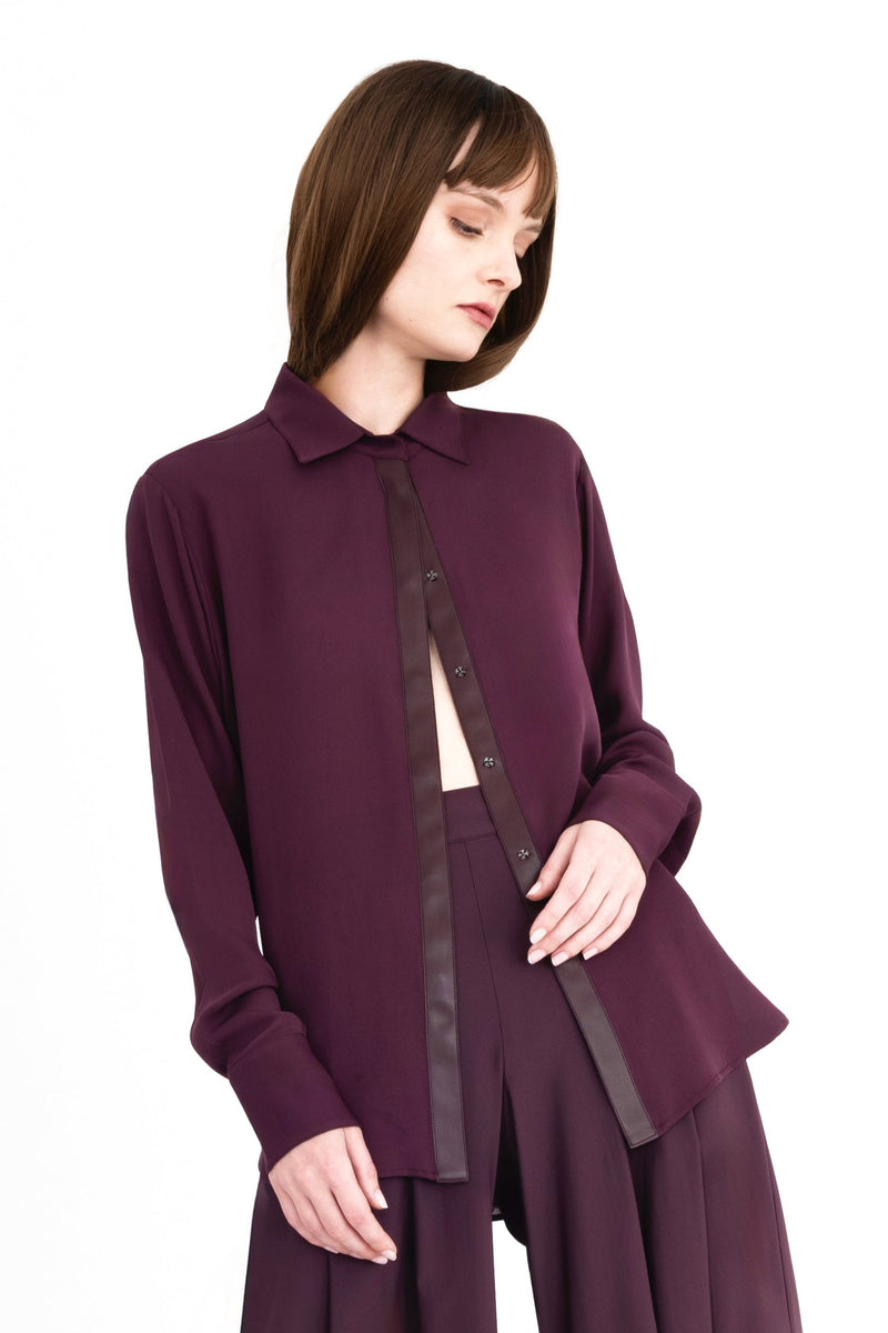 Silk Georgette Button Up Shirt with Vegan Leather Trim - CISUSS Top GENERAL ORIENT