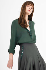 Silk Georgette Pullover Shirt with Leather Trim - CLARICE Top General Orient