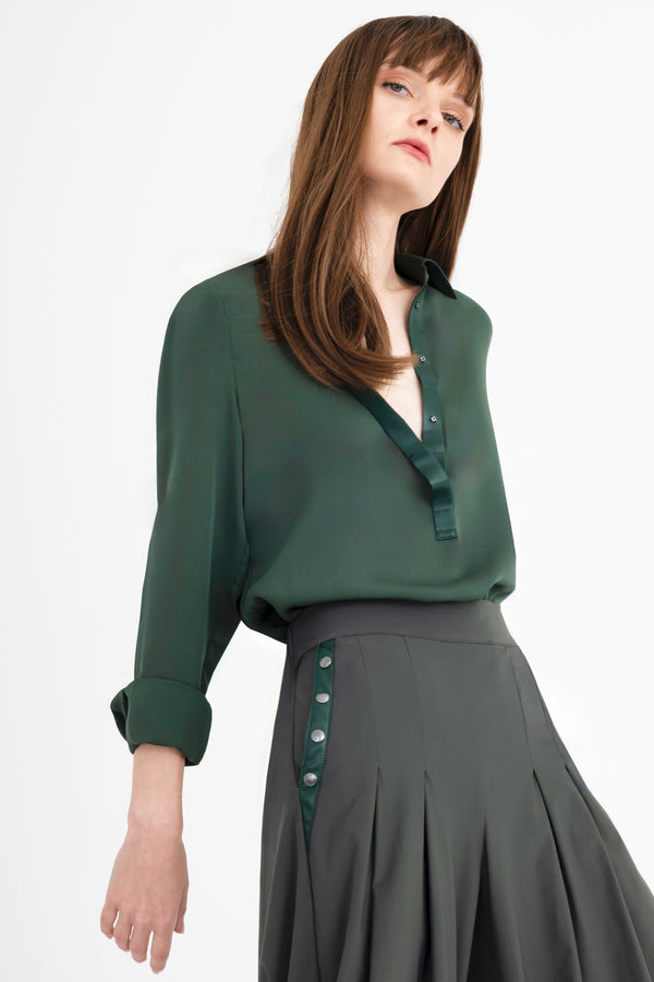 Silk Georgette Pullover Shirt with Leather Trim - CLARICE Top General Orient