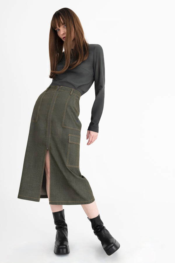 Eco Twill Denim Zip Up Cargo Skirt - CHEYENNE