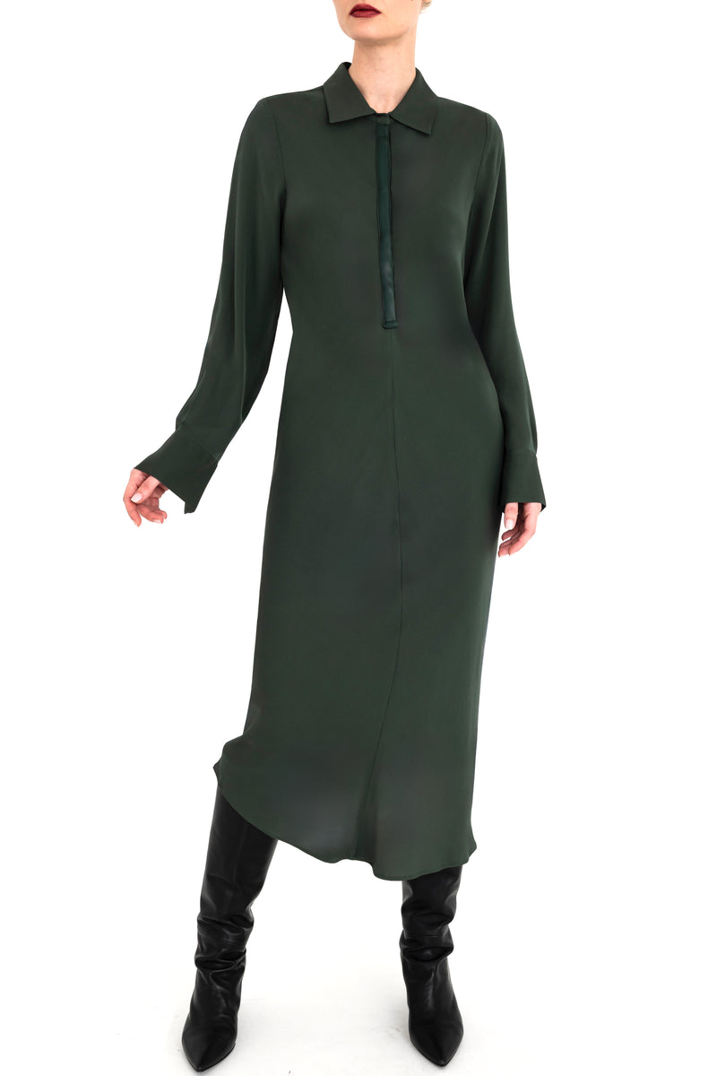 Silk Georgette Bias Shirt Dress with Leather Trim - CHANTAL Dress General Orient