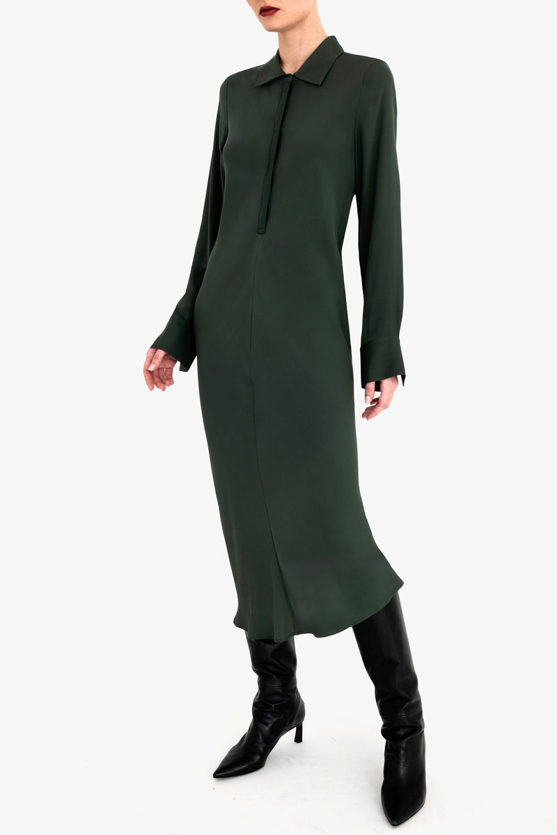 Silk Georgette Bias Shirt Dress with Leather Trim - CHANTAL Dress General Orient