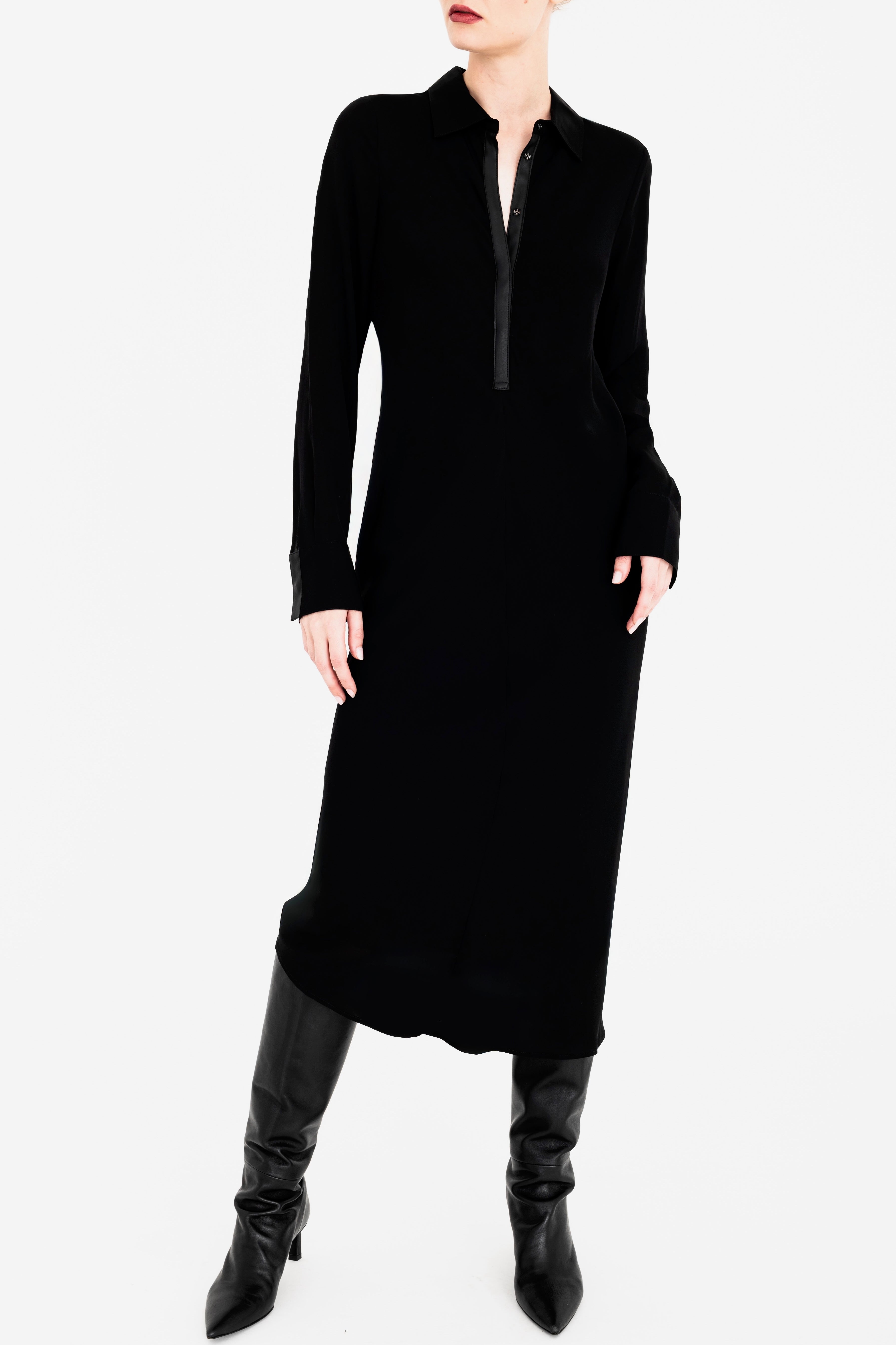 Silk Georgette Bias Shirt Dress with Vegan Leather Trim - CHANTAL Dress General Orient
