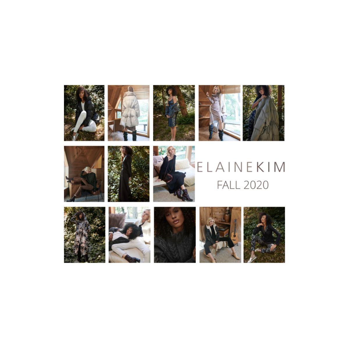 Collage of fashion models wearing outfits from Elaine Kim Fall 2020 collection.