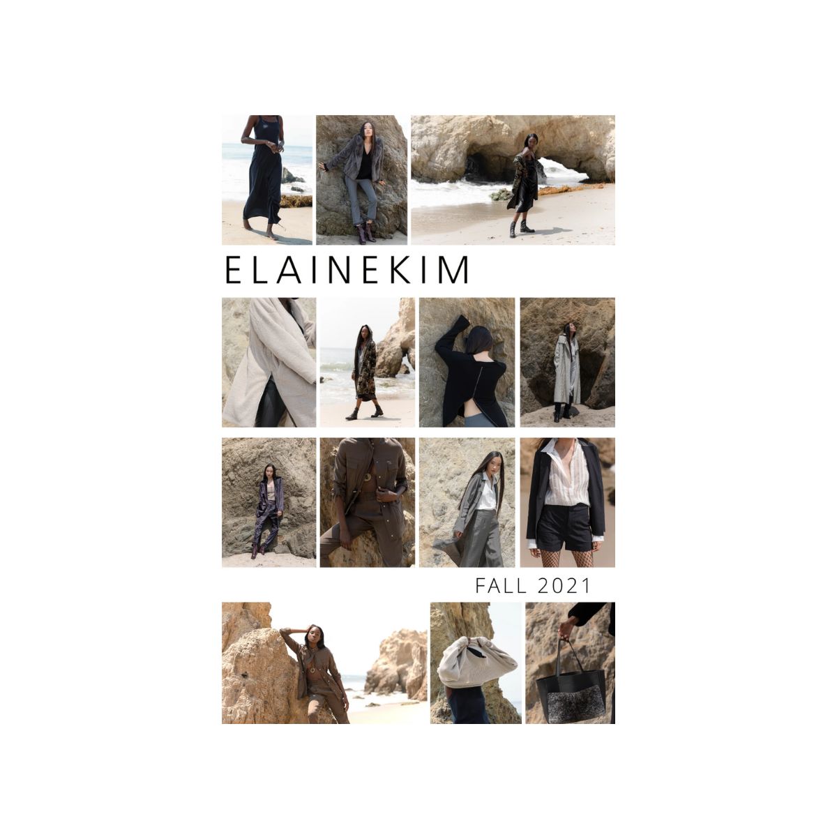 Collage of fashion models wearing outfits from Elaine Kim Fall 2021 collection.