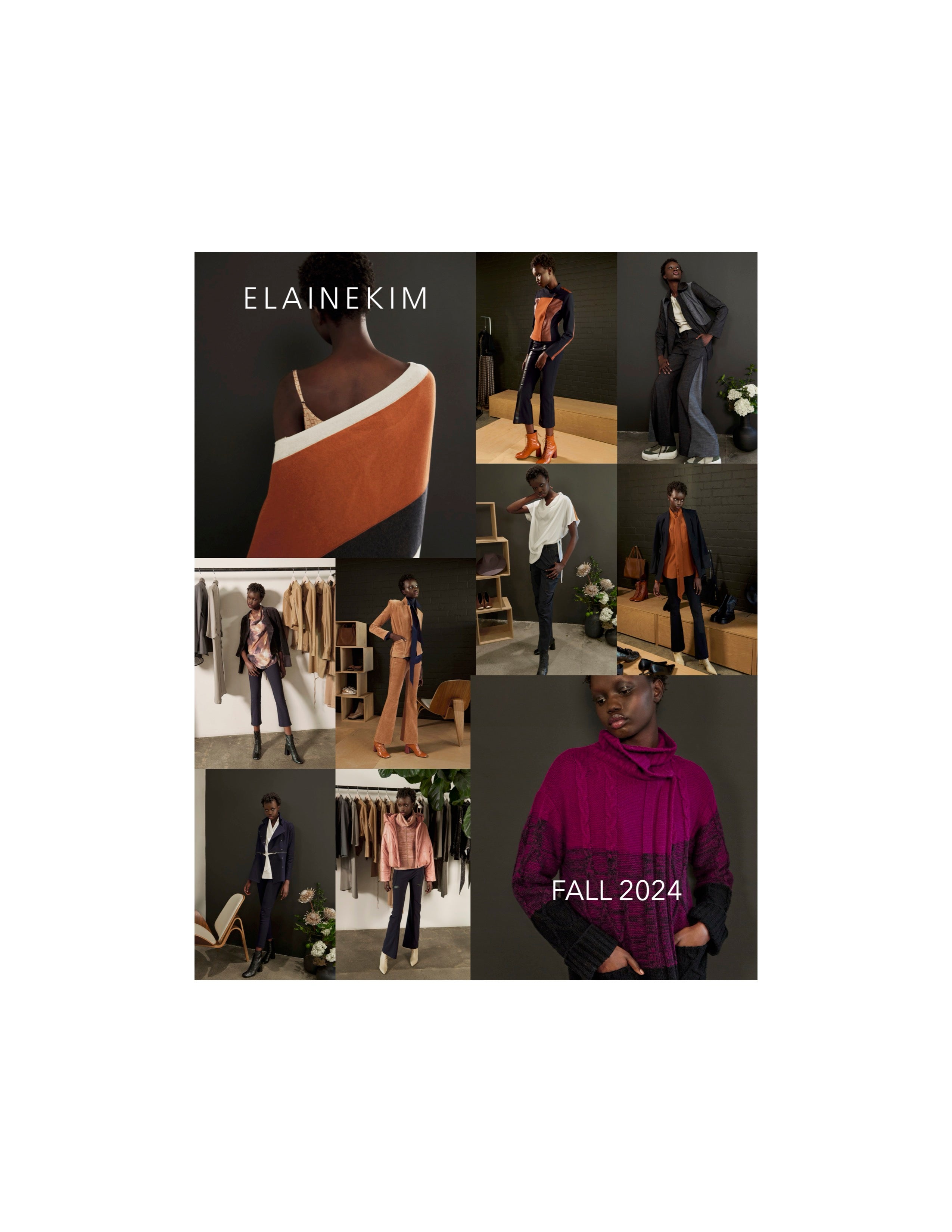 Collage of fashion models wearing outfits from Elaine Kim Fall 2024 collection.