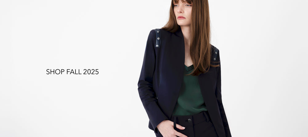 Woman wearing a dark coat with text 'Shop Fall 2025' on a white background