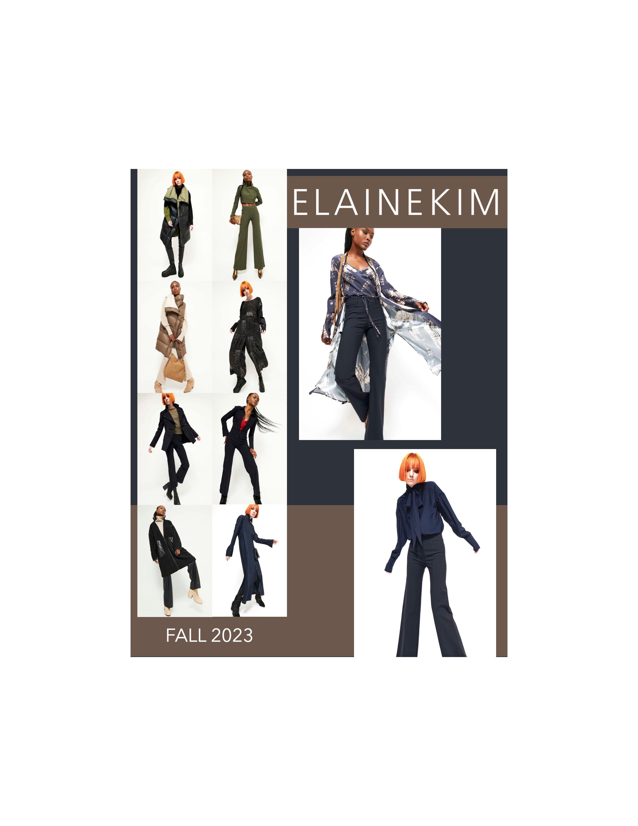 Collage of fashion models wearing outfits from Elaine Kim Fall 2023 collection.