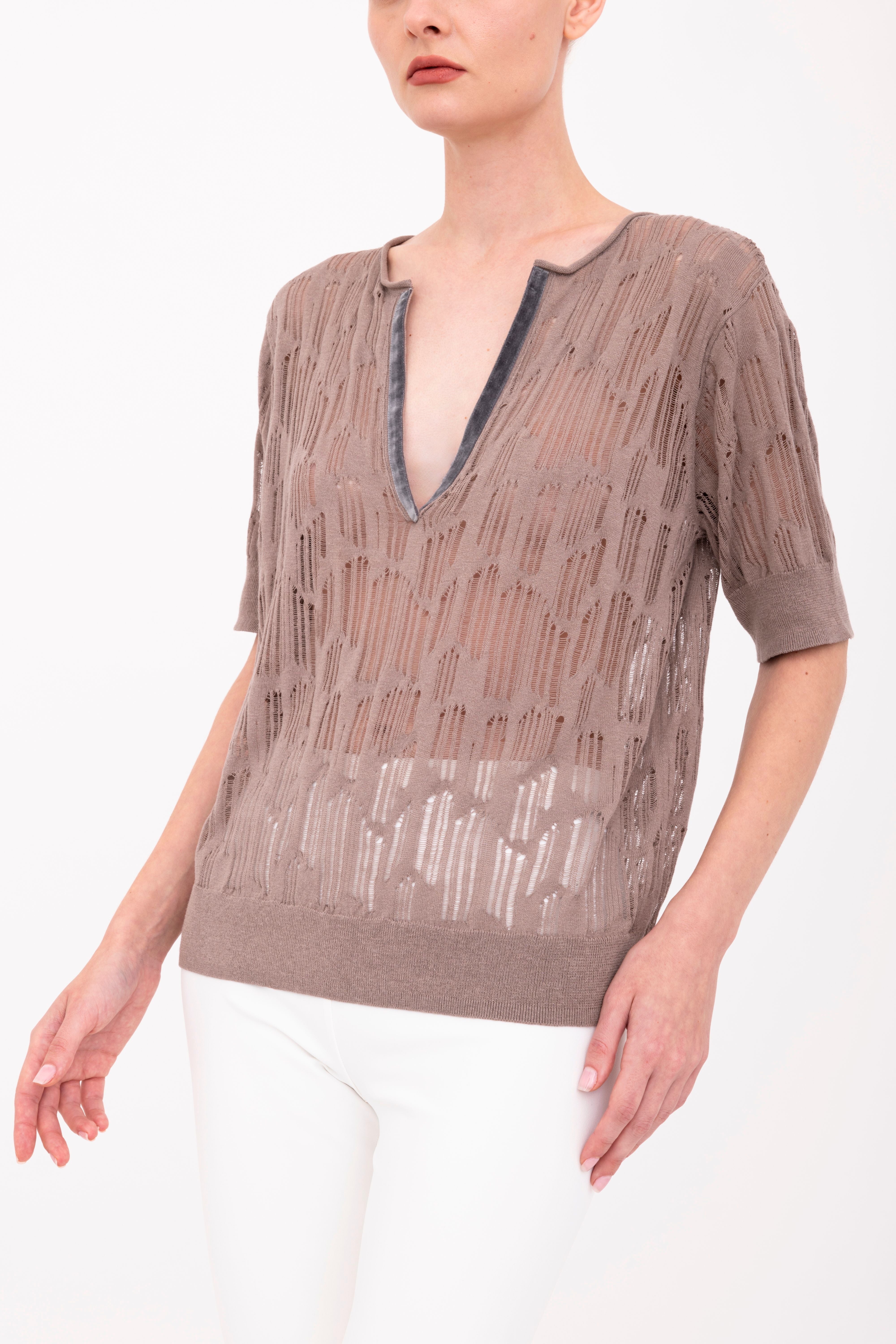 Organic Cotton Hemp Distressed Y Neck Top - BELIZE Sweater YUE FENG