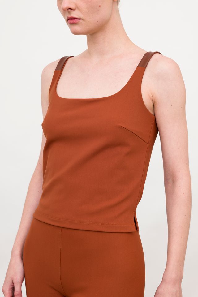 Tech Stretch Tank Top with Leather Trim - TOVALA Top STYLEM Brick-TS P