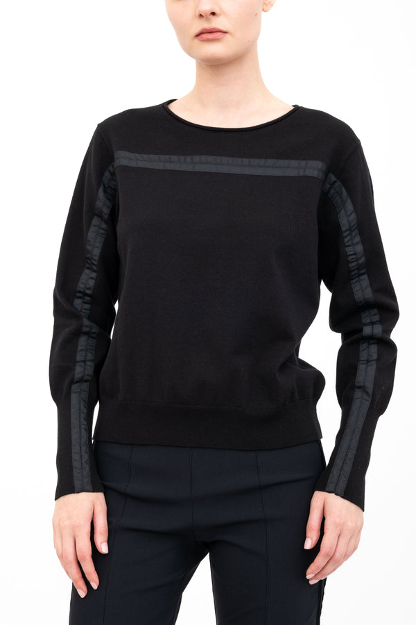 Cotton Crew Neck Knit Top with Grosgrain Trim - AMBRELLE Sweater STYLEM