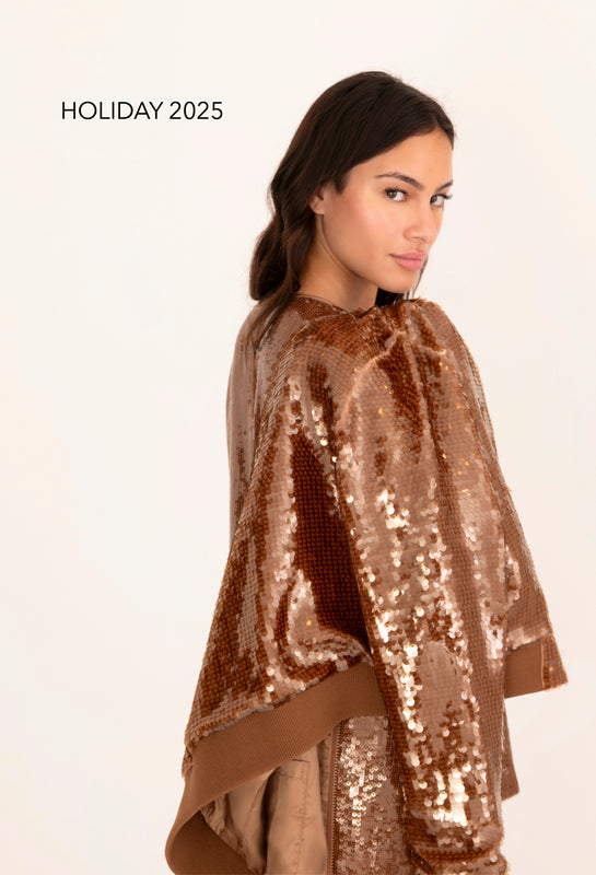 Woman wearing a bronze sequin outfit with 'Holiday 2025' text on a white background