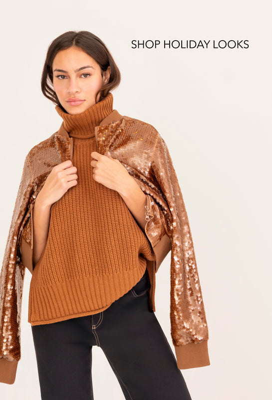 Woman wearing a brown sweater and bronze sequin jacket with text 'Shop Holiday Looks' on a beige background