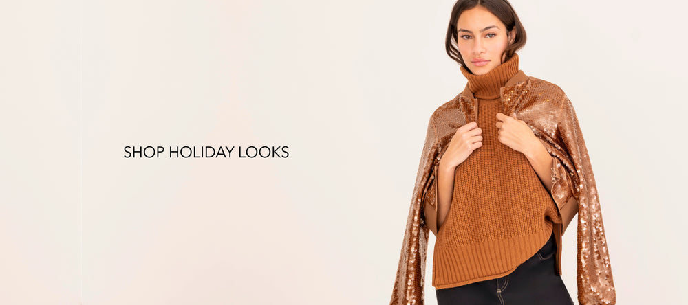 Woman wearing a brown sweater and bronze sequin jacket with text 'Shop Holiday Looks' on a beige background