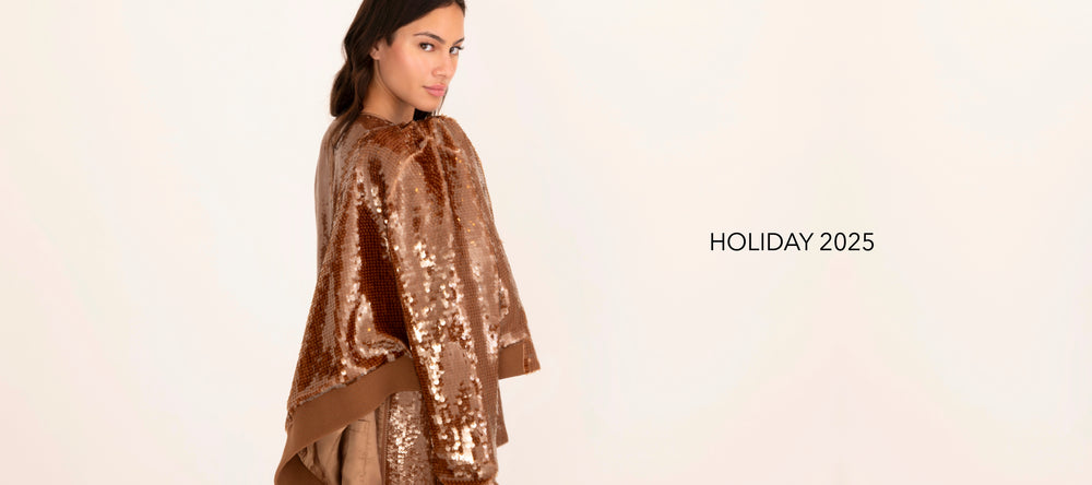 Woman wearing a brown sequin outfit with 'Holiday 2025' text on a beige background