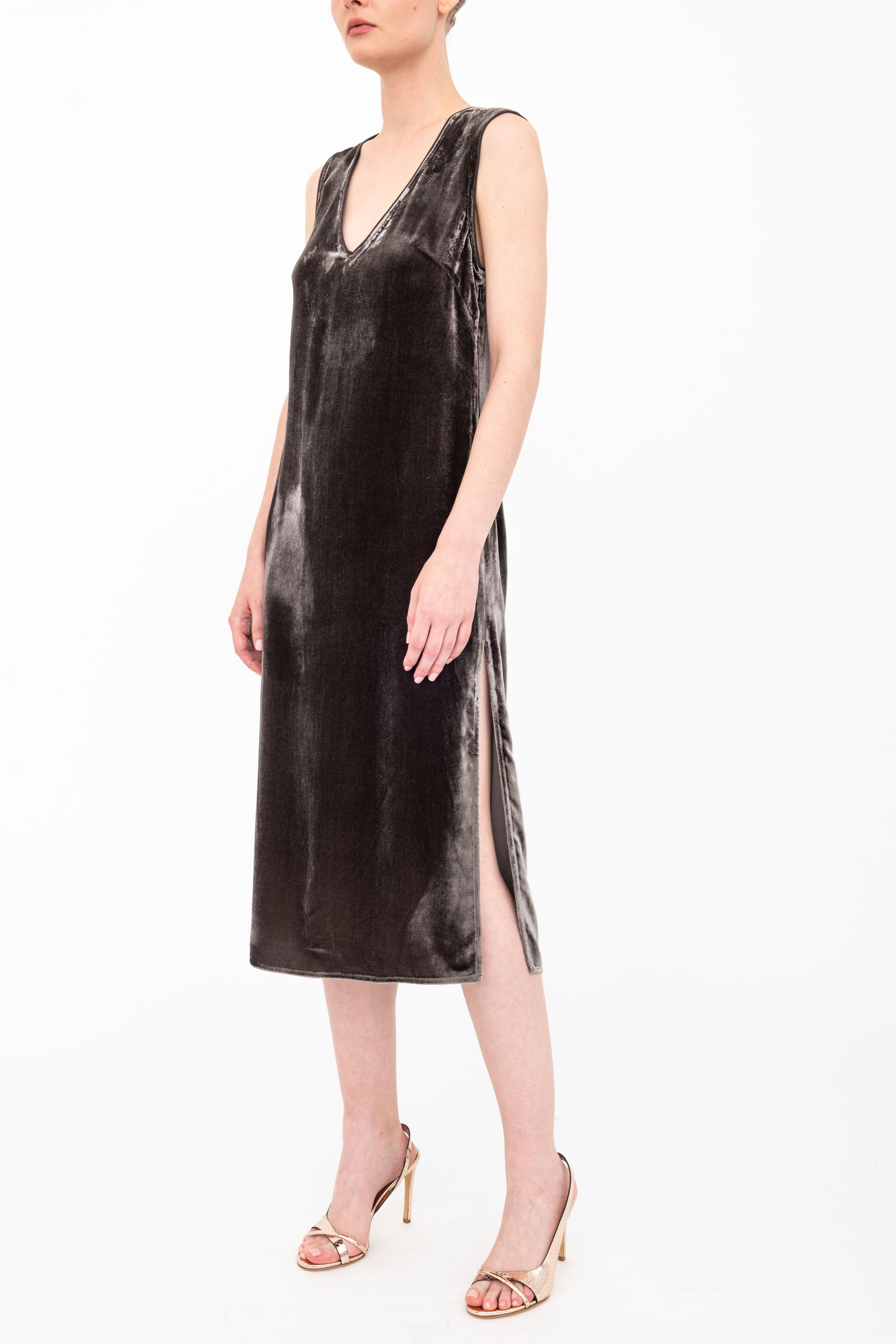 Silk Velvet V-Neck Sleeveless Midi Dress - ATHENA Dress GENERAL ORIENT Java Velvet P