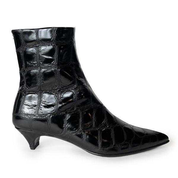 Croco Embossed Leather Pointy Toe Kitten Heel Ankle Boots - FOSCA16C