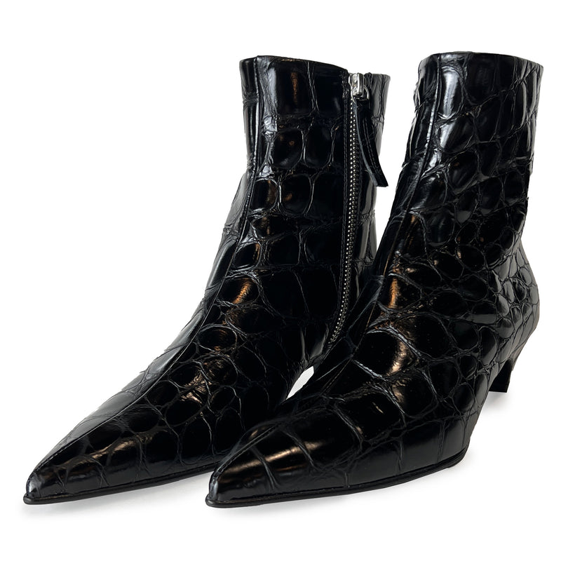 Croco Embossed Leather Pointy Toe Kitten Heel Ankle Boots - FOSCA16C